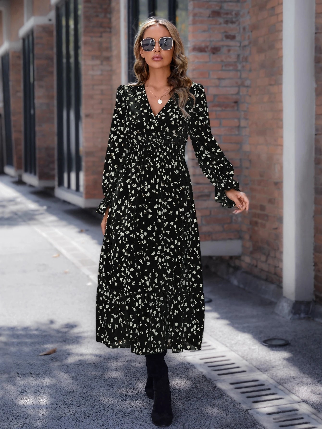  | SHEIN LUNE Allover Print Flounce Sleeve Ruffle Hem Dress Without Belt Maxi Women Outfit | Dress | Shein | OneHub