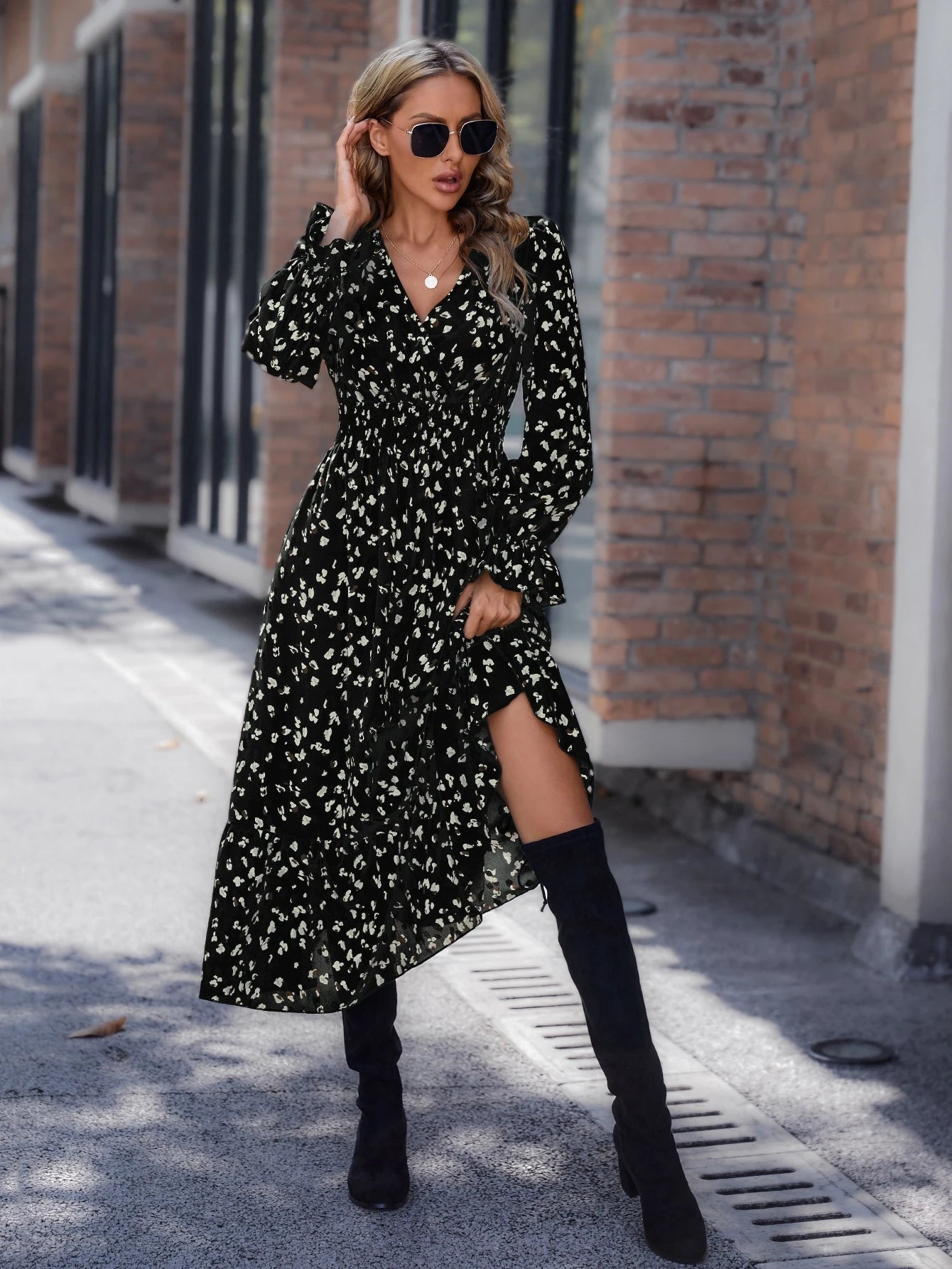  | SHEIN LUNE Allover Print Flounce Sleeve Ruffle Hem Dress Without Belt Maxi Women Outfit | Dress | Shein | OneHub