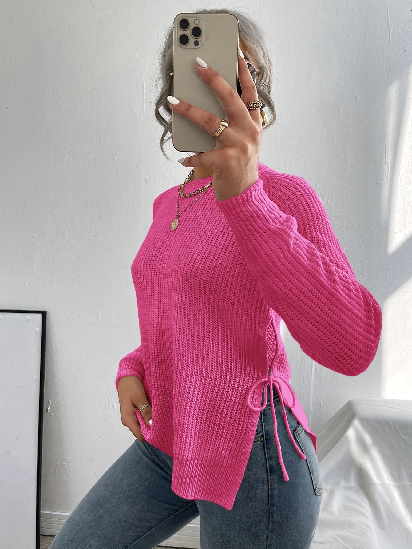 SHEIN LUNE Split Knot Side Raglan Sleeve Sweater Hot Pink Sweaterpull Rosepink Jumper Knit Pullover Fall Winter Outfit