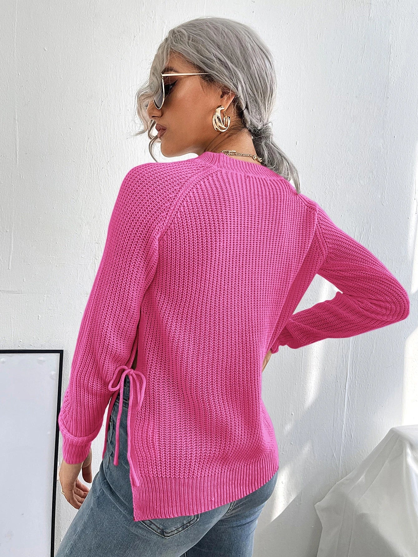 SHEIN LUNE Split Knot Side Raglan Sleeve Sweater Hot Pink Sweaterpull Rosepink Jumper Knit Pullover Fall Winter Outfit