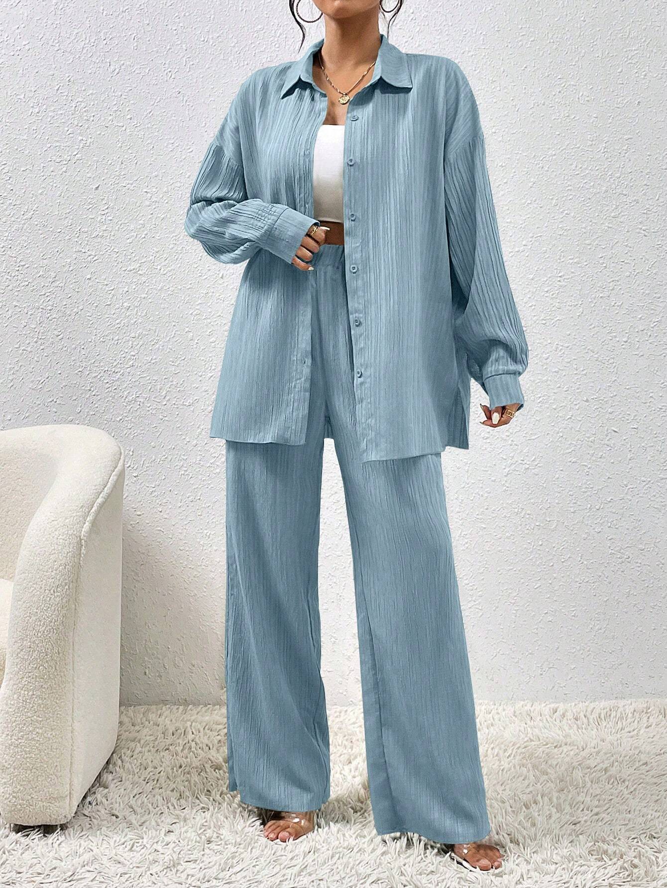 SHEIN LUNE Women Solid Color Simple Daily Long-Sleeved Shirt And Trousers Two-Piece Set