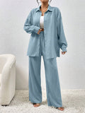 SHEIN LUNE Women Solid Color Simple Daily Long-Sleeved Shirt And Trousers Two-Piece Set