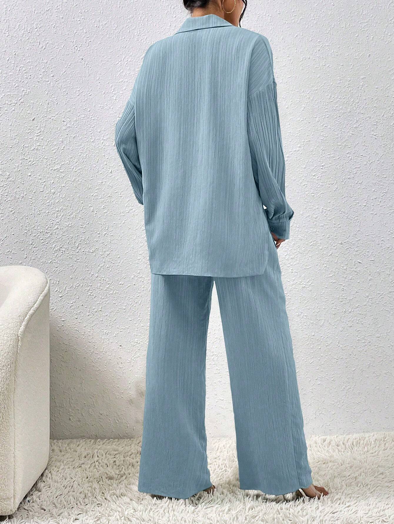 SHEIN LUNE Women Solid Color Simple Daily Long-Sleeved Shirt And Trousers Two-Piece Set