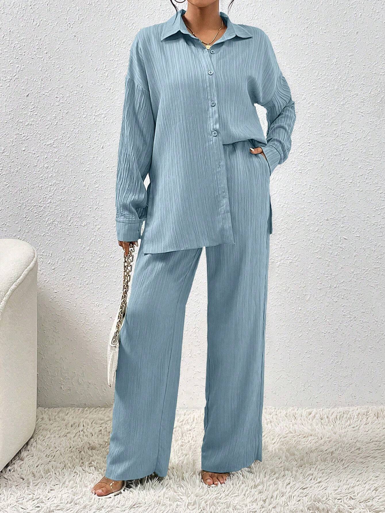SHEIN LUNE Women Solid Color Simple Daily Long-Sleeved Shirt And Trousers Two-Piece Set