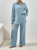 SHEIN LUNE Women Solid Color Simple Daily Long-Sleeved Shirt And Trousers Two-Piece Set