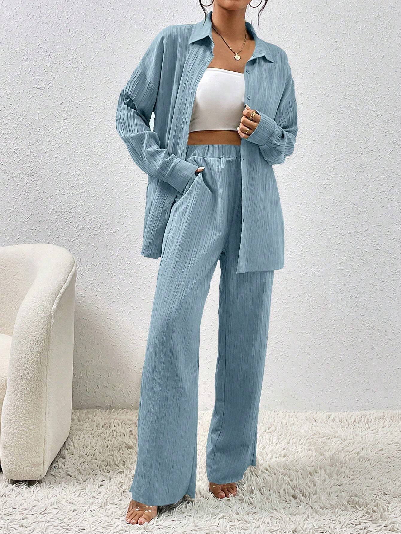SHEIN LUNE Women Solid Color Simple Daily Long-Sleeved Shirt And Trousers Two-Piece Set