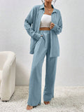 SHEIN LUNE Women Solid Color Simple Daily Long-Sleeved Shirt And Trousers Two-Piece Set