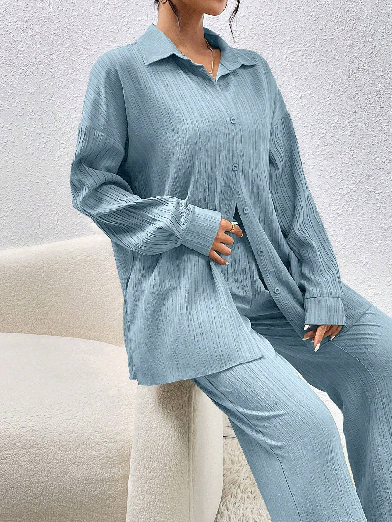 SHEIN LUNE Women Solid Color Simple Daily Long-Sleeved Shirt And Trousers Two-Piece Set