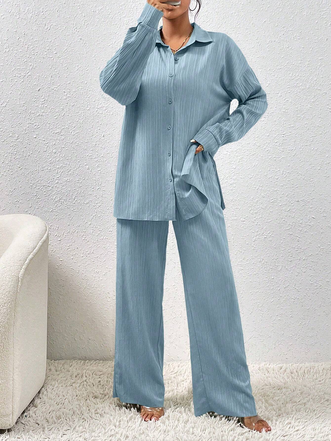 SHEIN LUNE Women Solid Color Simple Daily Long-Sleeved Shirt And Trousers Two-Piece Set