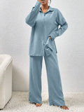 SHEIN LUNE Women Solid Color Simple Daily Long-Sleeved Shirt And Trousers Two-Piece Set