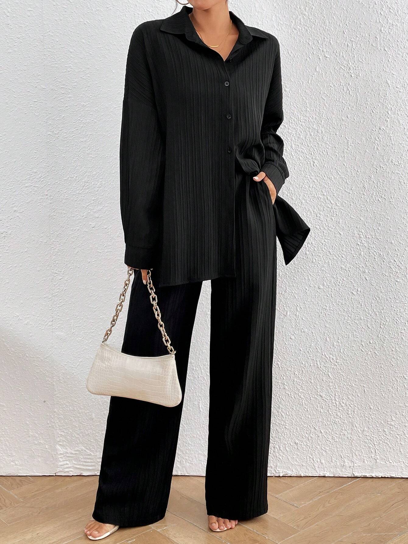 SHEIN LUNE Women's Loose Fit Drop-Shoulder Long Sleeve Shirt And Trousers Casual Two-Piece Set, Spring/Summer