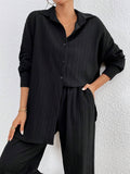 SHEIN LUNE Women's Loose Fit Drop-Shoulder Long Sleeve Shirt And Trousers Casual Two-Piece Set, Spring/Summer