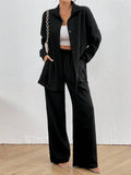 SHEIN LUNE Women's Loose Fit Drop-Shoulder Long Sleeve Shirt And Trousers Casual Two-Piece Set, Spring/Summer