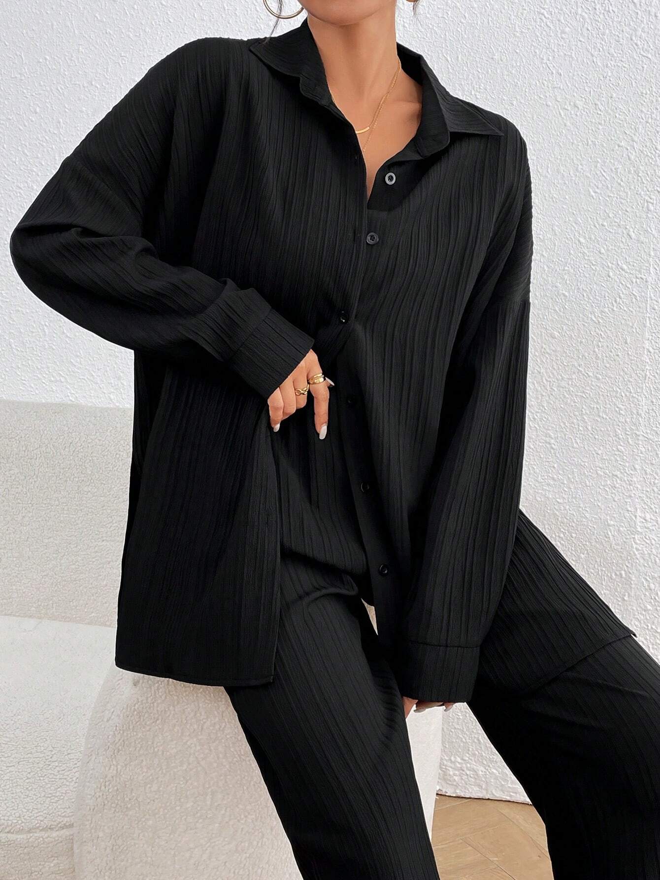 SHEIN LUNE Women's Loose Fit Drop-Shoulder Long Sleeve Shirt And Trousers Casual Two-Piece Set, Spring/Summer