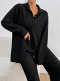 SHEIN LUNE Women's Loose Fit Drop-Shoulder Long Sleeve Shirt And Trousers Casual Two-Piece Set, Spring/Summer