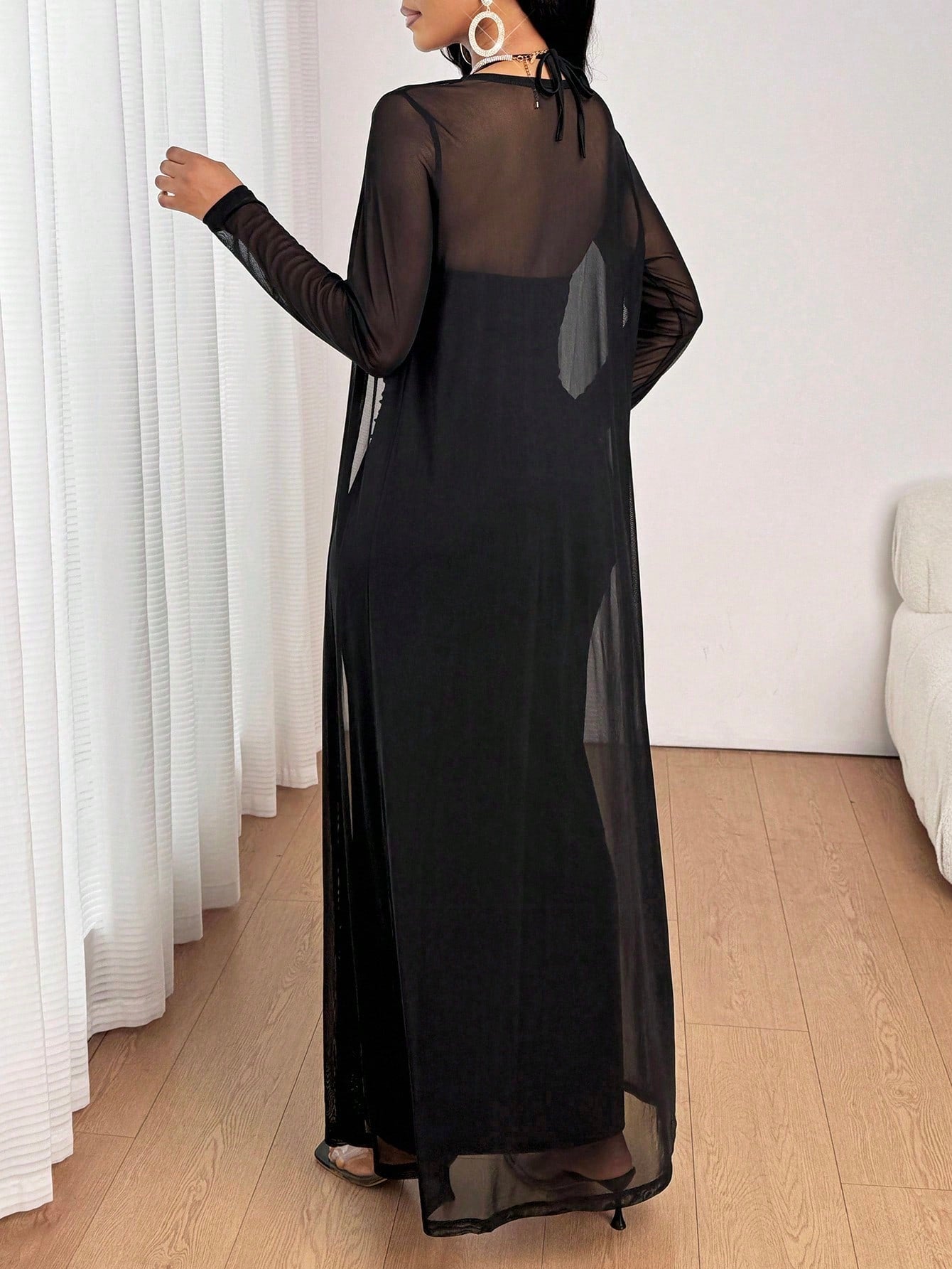 SHEIN Lady All Seasons Black Suit Long Sleeve Robe & V-Neck Dress Elegant 2 Pieces Set Elegant 2 Piece Set Mesh Two Piece Set 2 Piece Dress Set