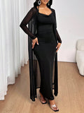 SHEIN Lady All Seasons Black Suit Long Sleeve Robe & V-Neck Dress Elegant 2 Pieces Set Elegant 2 Piece Set Mesh Two Piece Set 2 Piece Dress Set