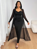 SHEIN Lady All Seasons Black Suit Long Sleeve Robe & V-Neck Dress Elegant 2 Pieces Set Elegant 2 Piece Set Mesh Two Piece Set 2 Piece Dress Set