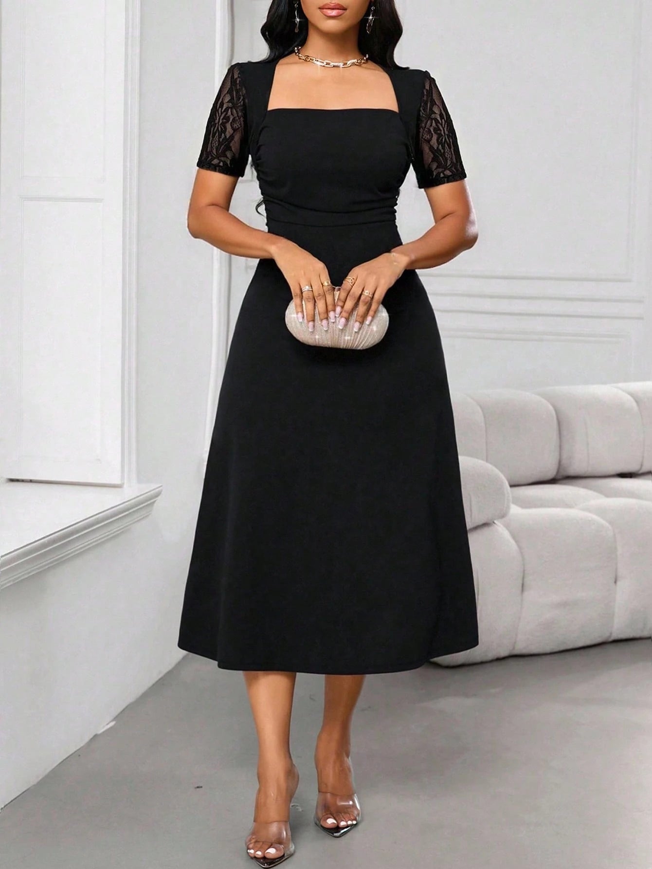  | SHEIN Lady Lace Stitching Princess Neck Women's Dress Long Sleeve A Hem Women's Dress | Dress | Shein | OneHub