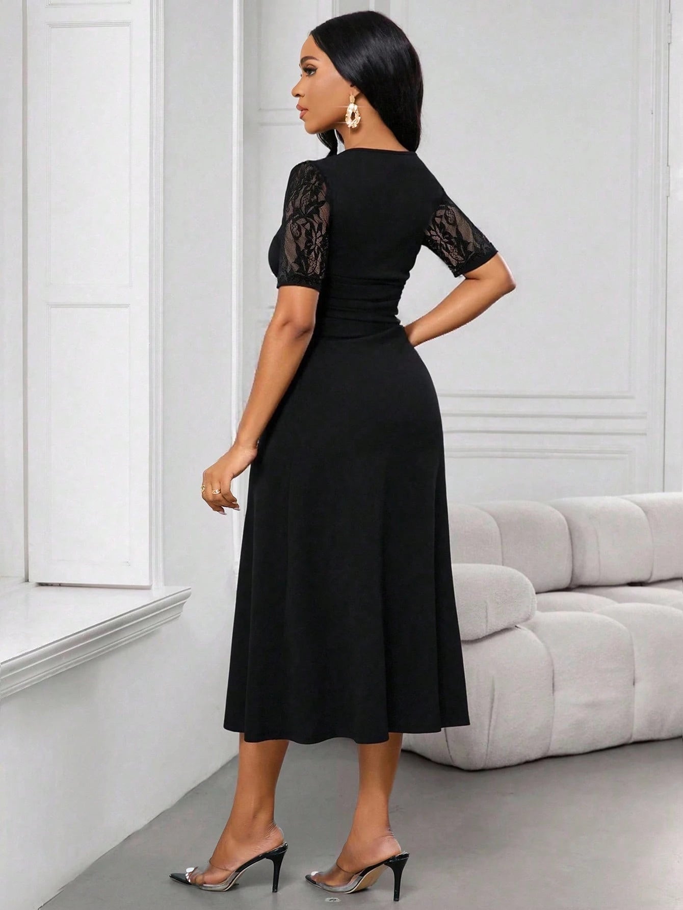  | SHEIN Lady Lace Stitching Princess Neck Women's Dress Long Sleeve A Hem Women's Dress | Dress | Shein | OneHub