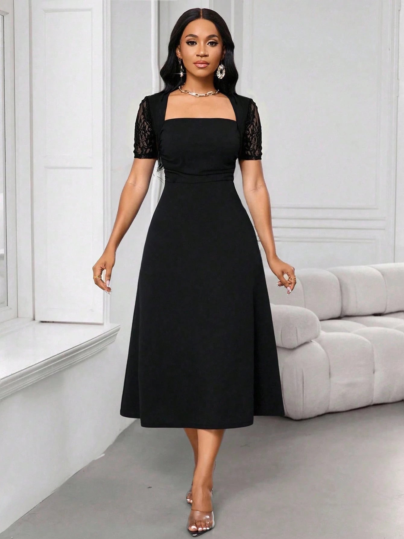  | SHEIN Lady Lace Stitching Princess Neck Women's Dress Long Sleeve A Hem Women's Dress | Dress | Shein | OneHub