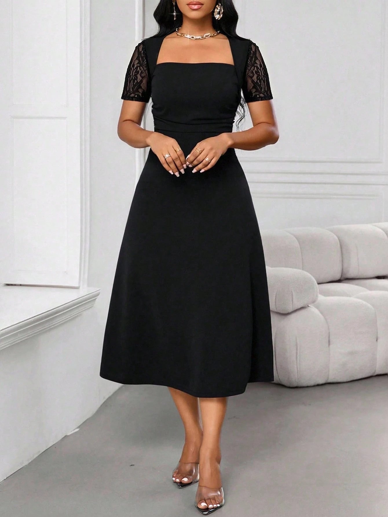  | SHEIN Lady Lace Stitching Princess Neck Women's Dress Long Sleeve A Hem Women's Dress | Dress | Shein | OneHub