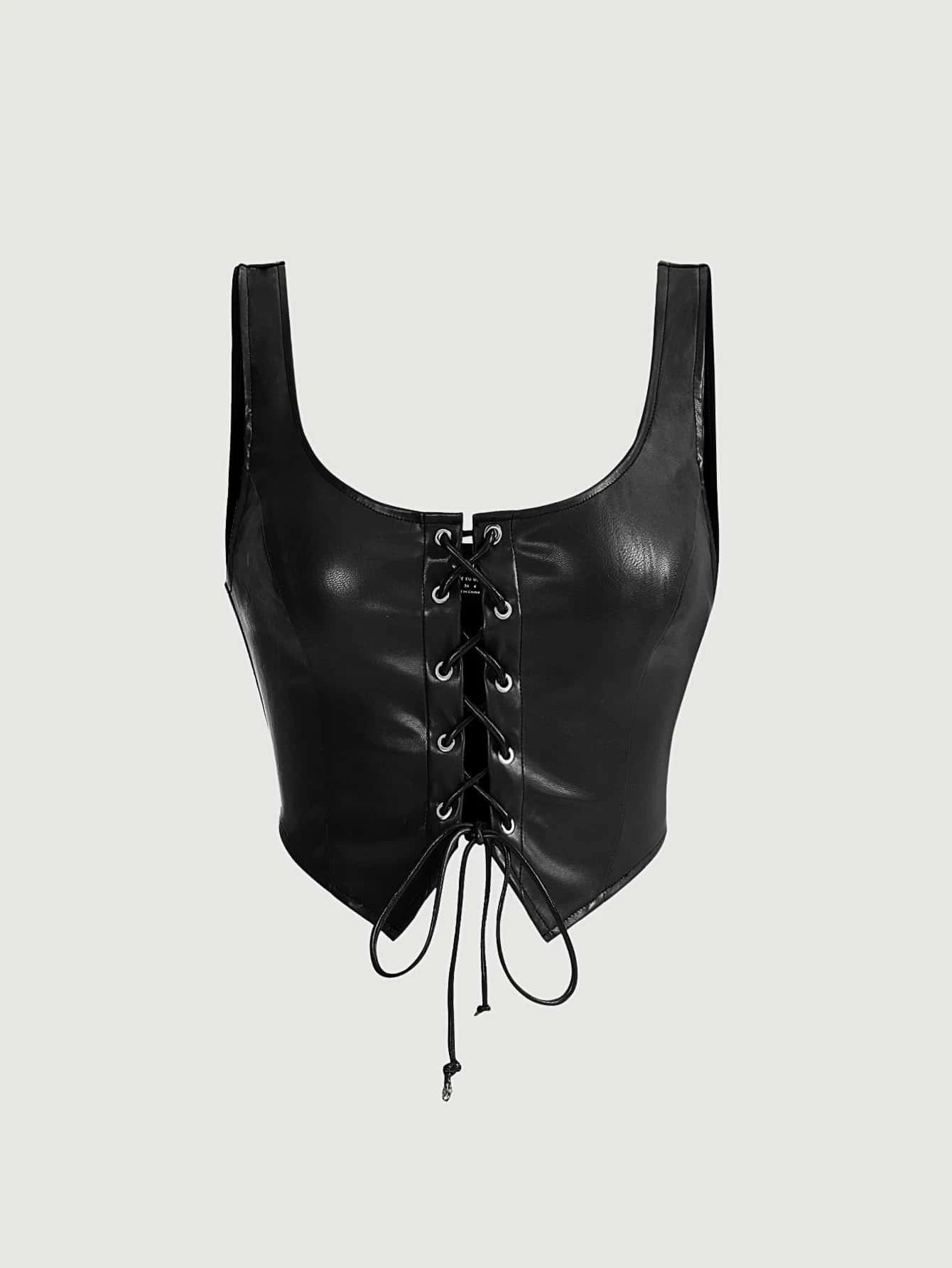  | SHEIN MOD Black Crossed Frenulum Lace Up Front PU Leather Tank Top | Tee | Shein | OneHub