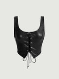  | SHEIN MOD Black Crossed Frenulum Lace Up Front PU Leather Tank Top | Tee | Shein | OneHub