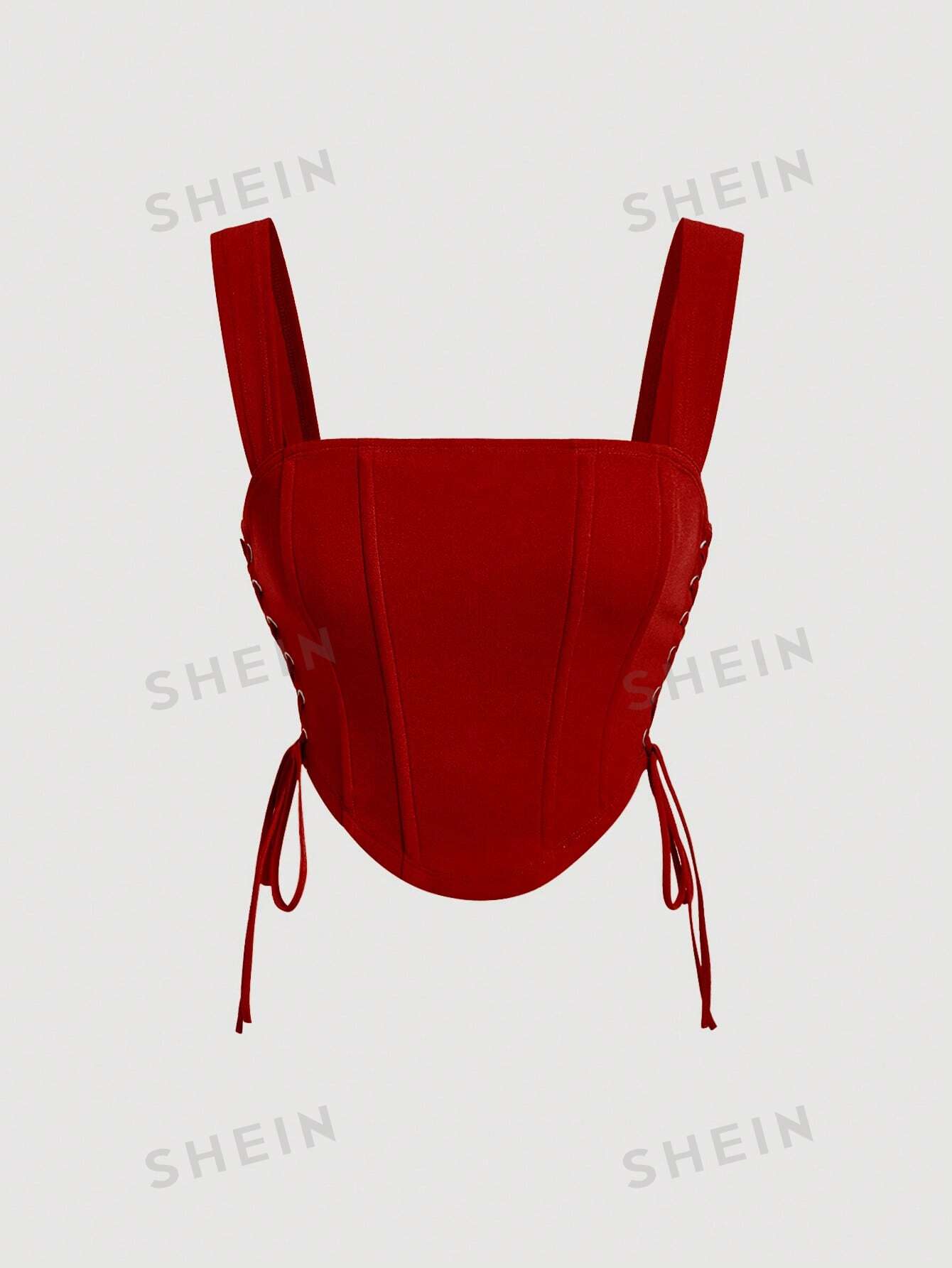  | SHEIN MOD Lace Up Side Fish Bone Decoration Curved Hem Wide Straps Red Top | Tee | Shein | OneHub