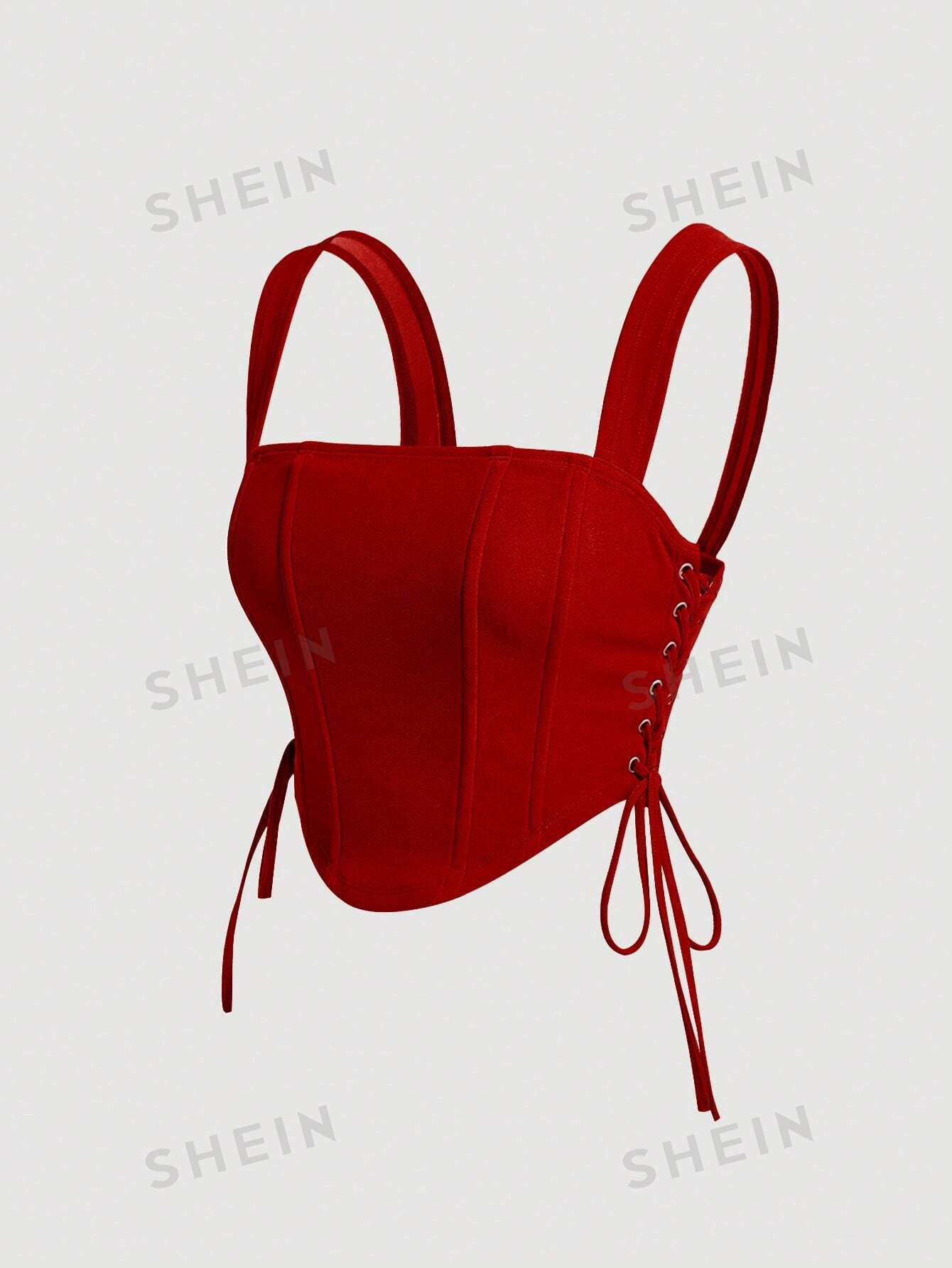  | SHEIN MOD Lace Up Side Fish Bone Decoration Curved Hem Wide Straps Red Top | Tee | Shein | OneHub