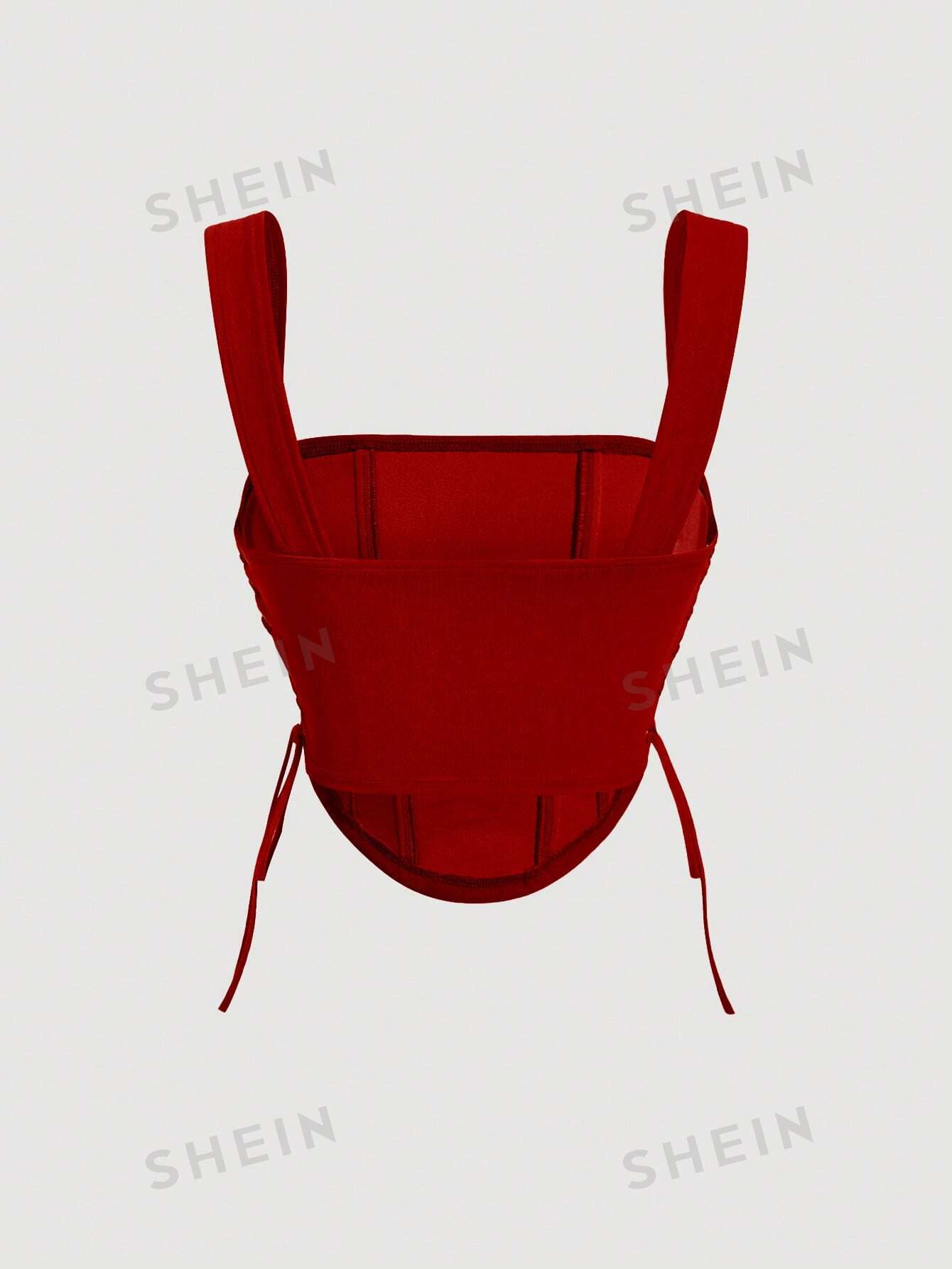  | SHEIN MOD Lace Up Side Fish Bone Decoration Curved Hem Wide Straps Red Top | Tee | Shein | OneHub