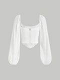  | SHEIN MOD Lantern Sleeve Ruched Scoop Neck Asymmetrical Hem Crop Top | Tee | Shein | OneHub