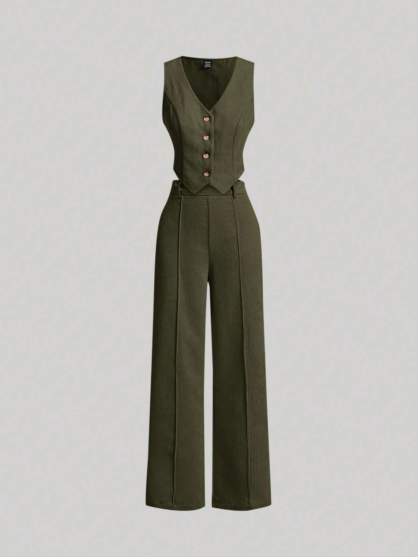  | SHEIN MOD Olive Green Single-Breasted Vest And Long Pants | Top and Pant Set | Shein | OneHub