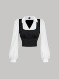 SHEIN MOD Turndown Collar Long Sleeve Contrast Color Chest Ruched Black & White Contrast Color Shirt