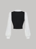  | SHEIN MOD Turndown Collar Long Sleeve Contrast Color Chest Ruched Black & White Contrast Color Shirt | Tee | Shein | OneHub