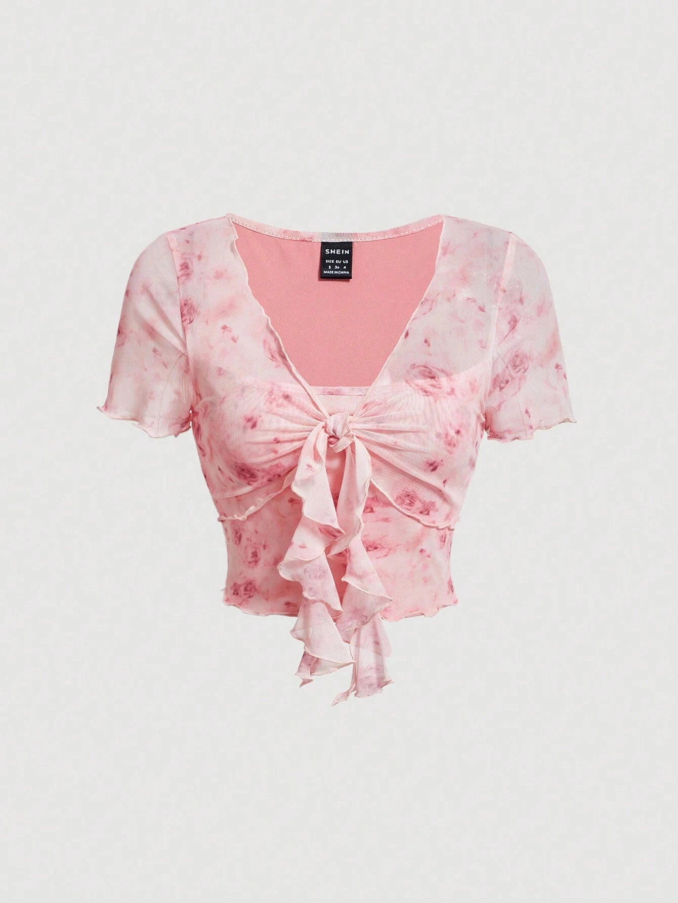  | SHEIN MOD Women Pink Romantic Printed Lettuce Trim Tie Front Button Down Summer T-Shirt | Tee | Shein | OneHub