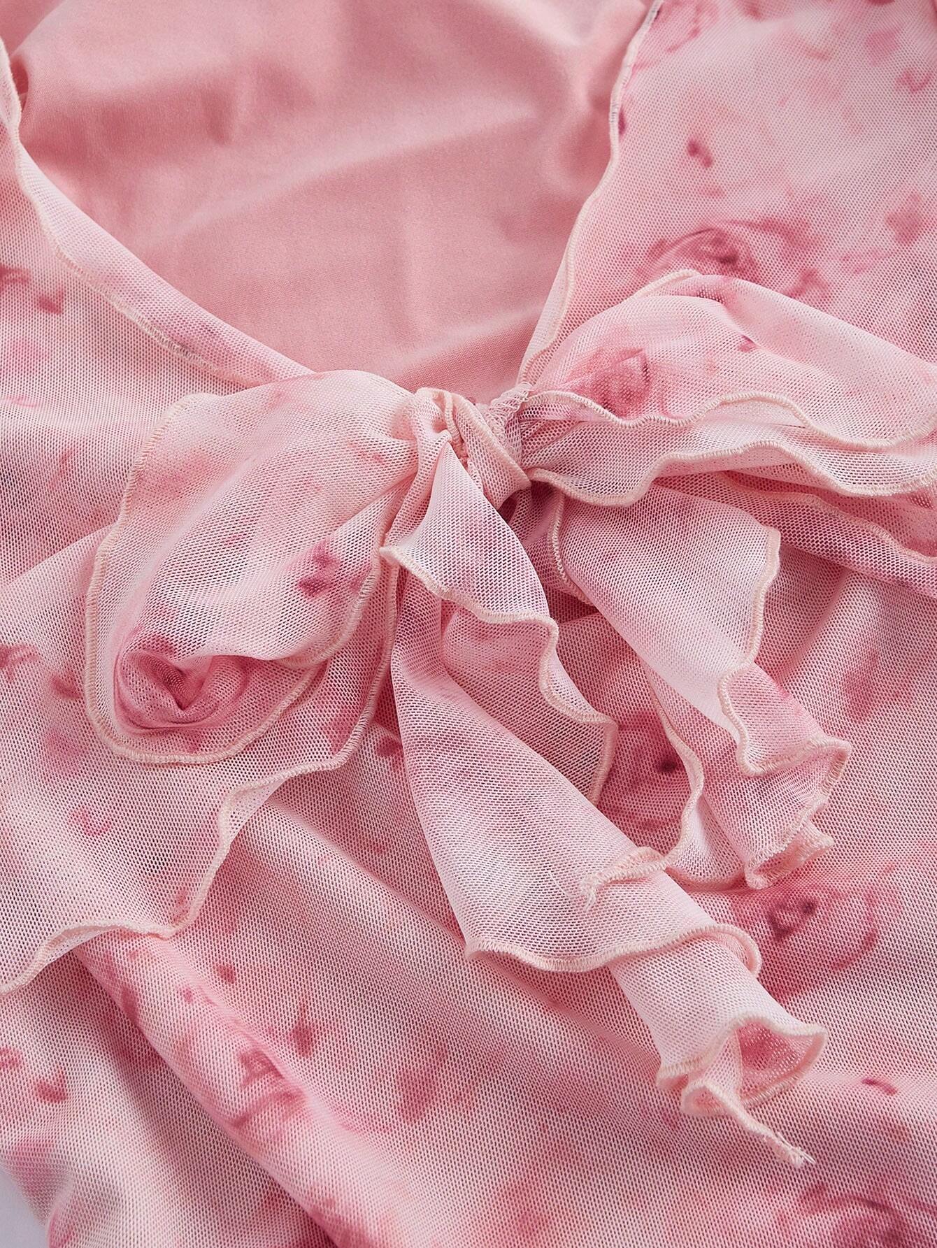  | SHEIN MOD Women Pink Romantic Printed Lettuce Trim Tie Front Button Down Summer T-Shirt | Tee | Shein | OneHub