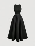SHEIN MOD Women Summer Solid Color Sleeveless Dress With Belt