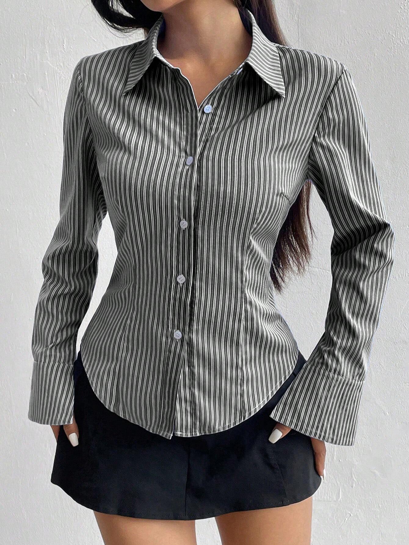  | SHEIN MOOSTA Ladies' Solid Color Slim Fit Striped Long Sleeve Shirt,Long Sleeve Tops | Top | Shein | OneHub
