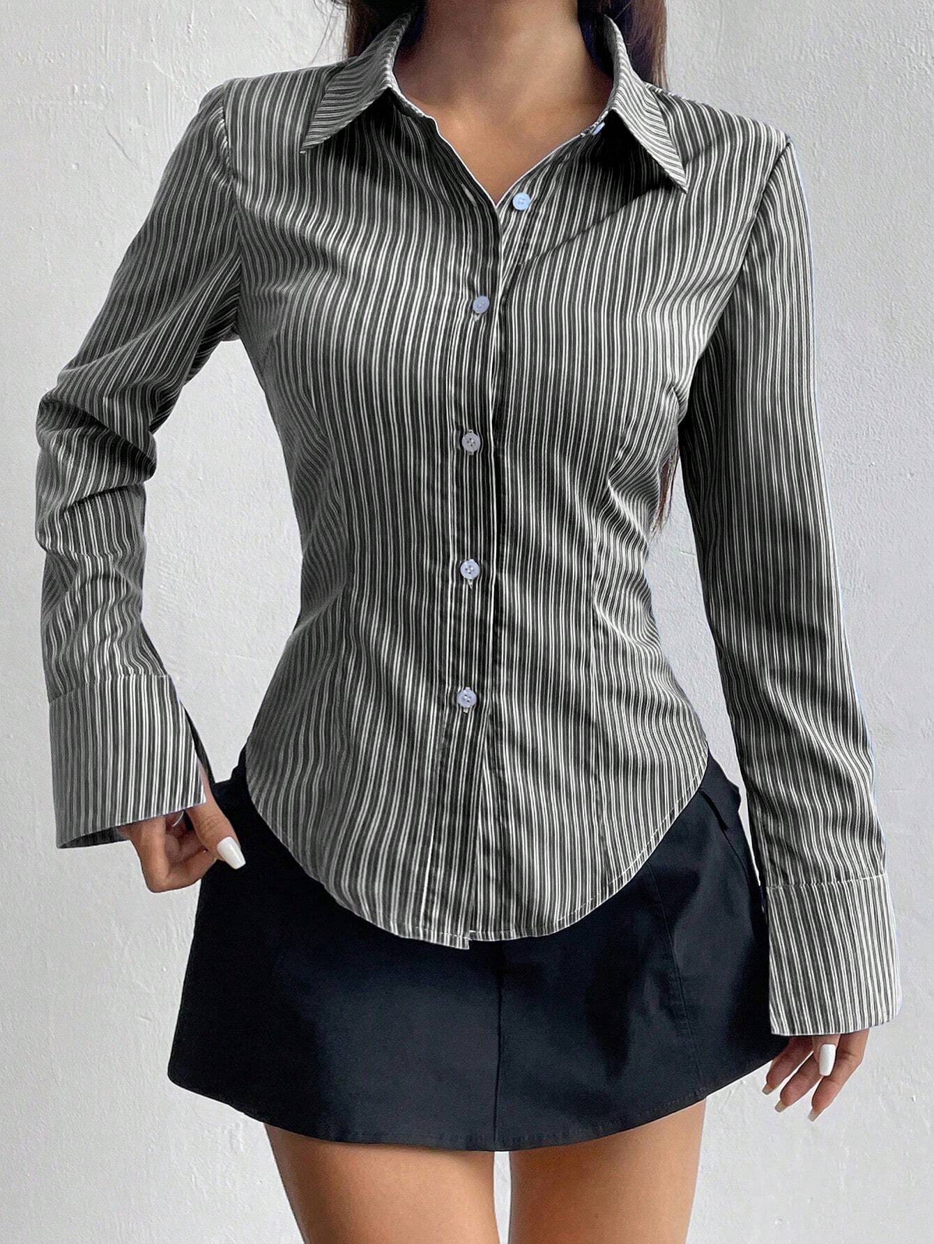  | SHEIN MOOSTA Ladies' Solid Color Slim Fit Striped Long Sleeve Shirt,Long Sleeve Tops | Top | Shein | OneHub