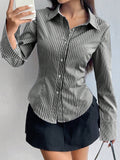  | SHEIN MOOSTA Ladies' Solid Color Slim Fit Striped Long Sleeve Shirt,Long Sleeve Tops | Top | Shein | OneHub