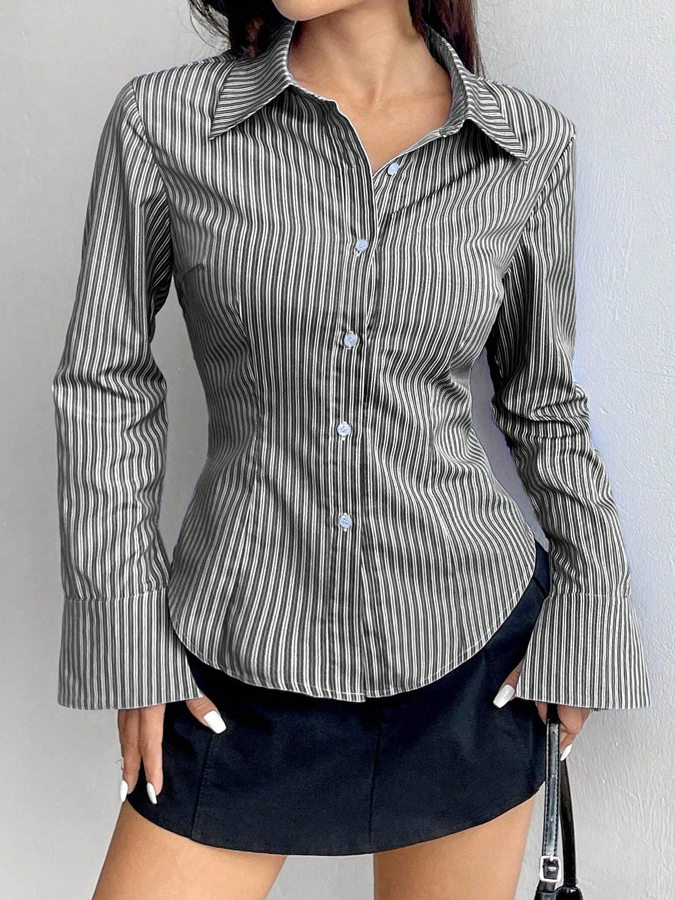  | SHEIN MOOSTA Ladies' Solid Color Slim Fit Striped Long Sleeve Shirt,Long Sleeve Tops | Top | Shein | OneHub