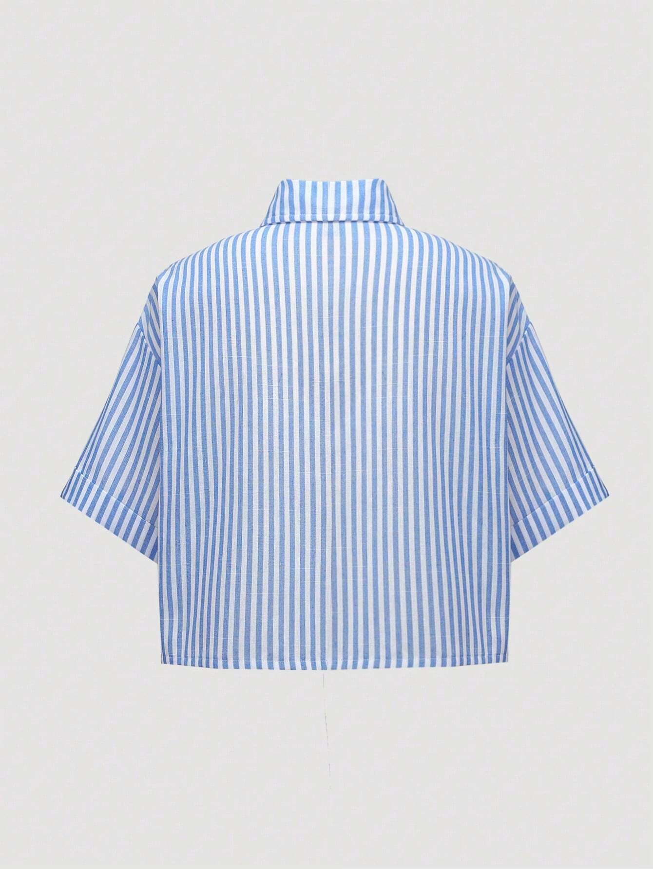  | SHEIN MOOSTA Striped Cropped Relaxed Casual Women Oversized Cuffed Sleeve Blouse, Linen Texture | T-shirt | Shein | OneHub