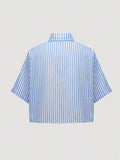  | SHEIN MOOSTA Striped Cropped Relaxed Casual Women Oversized Cuffed Sleeve Blouse, Linen Texture | T-shirt | Shein | OneHub
