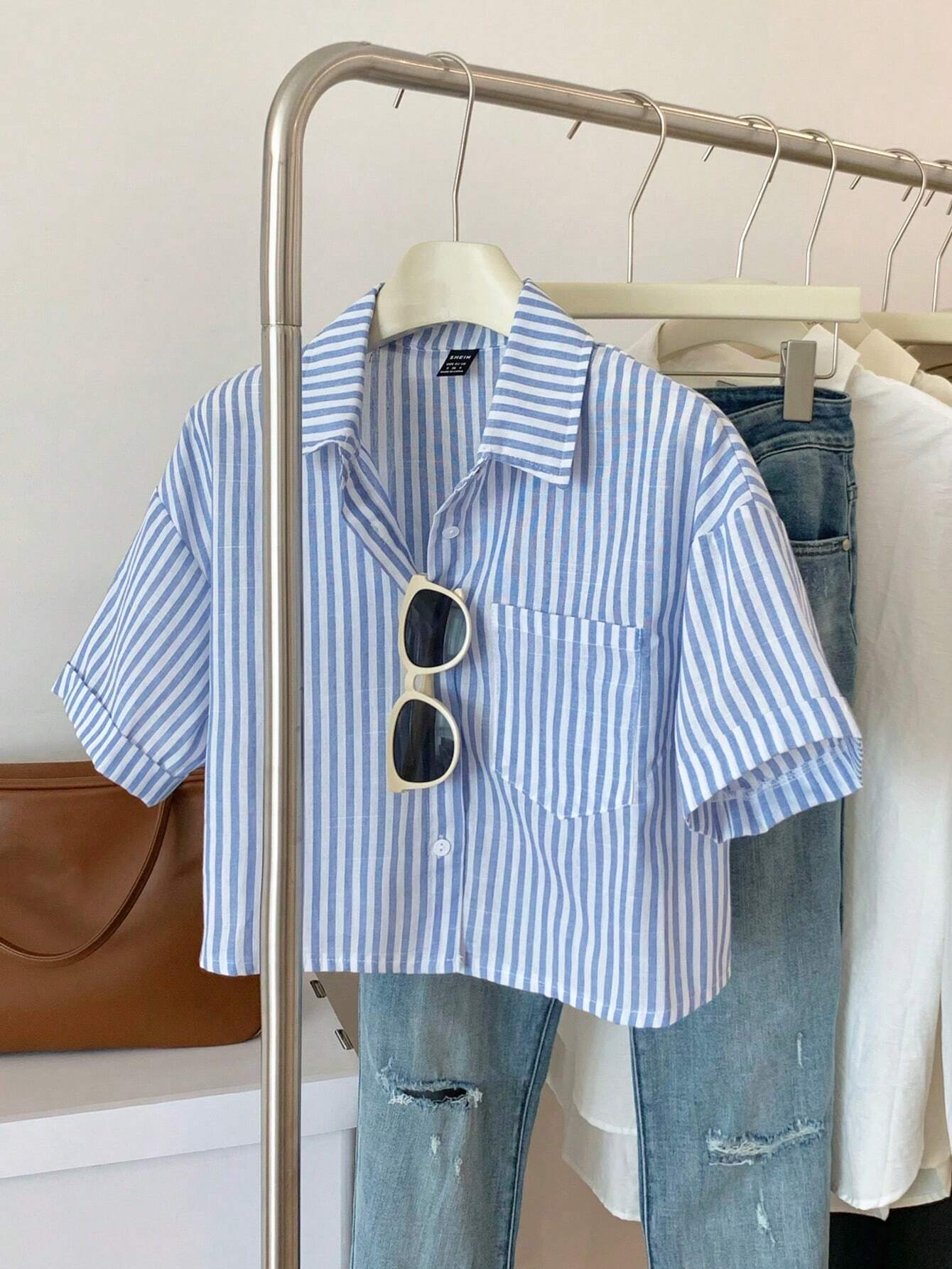  | SHEIN MOOSTA Striped Cropped Relaxed Casual Women Oversized Cuffed Sleeve Blouse, Linen Texture | T-shirt | Shein | OneHub
