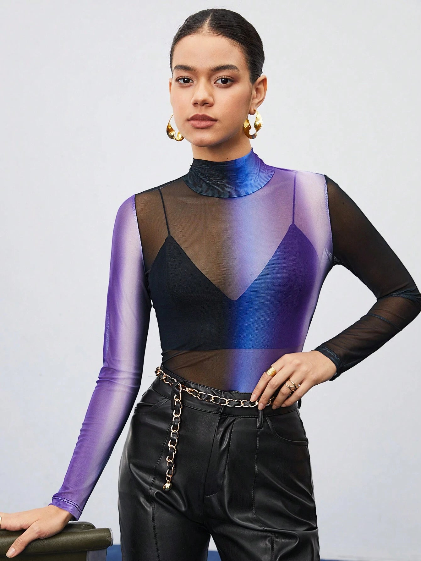  | SHEIN Maija Women'S Gradient Color Stand Collar See-Through Mesh Blouse | Top | Shein | OneHub