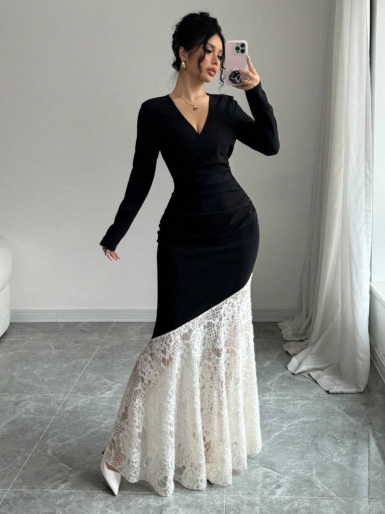  | SHEIN Modely 1pc Women Elegant Knitted Black Contrast Lace Cinched Waist Ruched Bodycon Dress Maxi Women Outfit Long Evening Dresses | Dress | Shein | OneHub