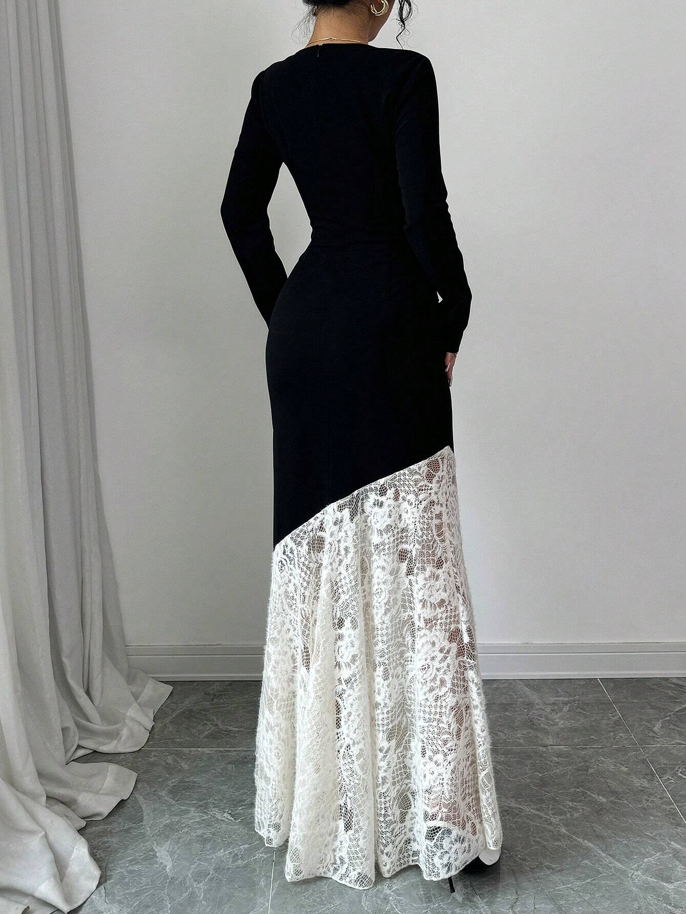  | SHEIN Modely 1pc Women Elegant Knitted Black Contrast Lace Cinched Waist Ruched Bodycon Dress Maxi Women Outfit Long Evening Dresses | Dress | Shein | OneHub