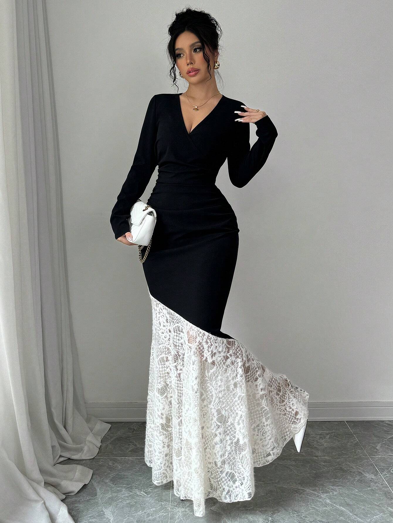  | SHEIN Modely 1pc Women Elegant Knitted Black Contrast Lace Cinched Waist Ruched Bodycon Dress Maxi Women Outfit Long Evening Dresses | Dress | Shein | OneHub