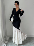  | SHEIN Modely 1pc Women Elegant Knitted Black Contrast Lace Cinched Waist Ruched Bodycon Dress Maxi Women Outfit Long Evening Dresses | Dress | Shein | OneHub